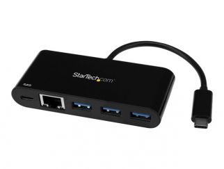 StarTech.com 3 Port USB-C Hub with Gigabit Ethernet & 60W Power Delivery Passthrough Laptop Charging, USB-C to 3x USB-A (USB 3.0 SuperSpeed 5Gbps), USB 3.1/USB 3.2 Gen 1 Type-C Adapter Hub - Windows/macOS/Linux (HB30C3AGEPD) - Hub - 3 x SuperSpeed USB 3.0