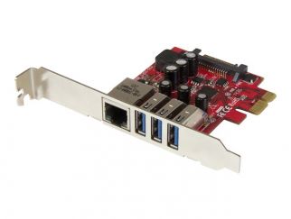 StarTech.com 3 Port PCI Express USB 3.0 Card + Gigabit Ethernet - Fits Standard & Low-Profile PCs - UASP Supported - Optional SATA Power (PEXUSB3S3GE) - network / USB adapter - PCIe 2.0 - USB 3.0 x 3 + 1000Base-T x 1
