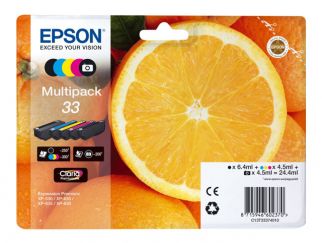 Epson Ink Cartridges, Claria" Premium Ink, 33, Oranges, Multipack, 1 x 6.4 ml Black, 1 x 4.5 ml Yellow, 1 x 4.5 ml Photo Black, 1 x 4.5 ml Cyan, 1 x 4.5 ml Magenta, Standard