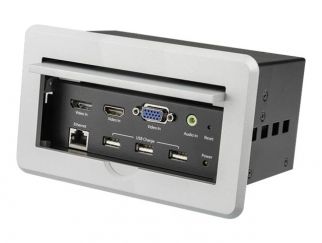 StarTech.com Conference Table Connectivity Pop up Box with AV and Data Ports - HDMI, VGA, DisplayPort to 4K HDMI Output (BOX4HDECP2) - Mounting plate - HD-15, RJ-45, mini-phone stereo 3.5 mm, HDMI, USB Type A, DisplayPort - silver