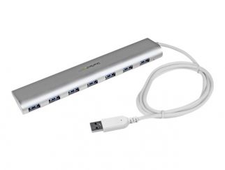 StarTech.com 7 Port Compact USB 3.0 Hub with Built-in Cable - Aluminum USB Hub - Silver USB3 Hub with 20W Power Adapter (ST73007UA) - USB peripheral sharing switch - 7 x SuperSpeed USB 3.0 - desktop