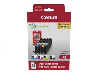 Canon CLI-551XL C/M/Y/BK Photo Value Pack - 4-pack - 11 ml - XL - black, yellow, cyan, magenta - original - box - ink tank / paper kit - for MAXIFY MG6650, PIXMA iP8750, iX6850, MG5550, MG5650, MG6650, MG7550, MX725, PIXUS MG7550