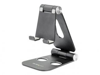 StarTech.com Phone and Tablet Stand, Foldable Universal Mobile Device Holder for Smartphones & Tablets, Adjustable Multi-Angle Viewing Ergonomic Cell Phone Stand for Desk, Portable, Black - Foldable Phone Holder (USPTLSTNDB) - Desktop stand for mobile pho