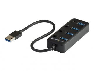 StarTech.com 4 Port USB 3.0 Hub, USB-A to 4x USB 3.0 Type-A with Individual On/Off Port Switches, SuperSpeed 5Gbps USB 3.1/USB 3.2 Gen 1, USB Bus Powered, Portable, 9.8" Attached Cable - Windows/macOS/Linux (HB30A4AIB) - Hub - 4 x USB 3.1 Gen 1 - desktop 