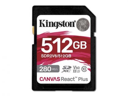 Kingston Canvas React Plus - Flash memory card - 512 GB - Video Class V60 / UHS-II U3 / Class10 - SDXC UHS-II