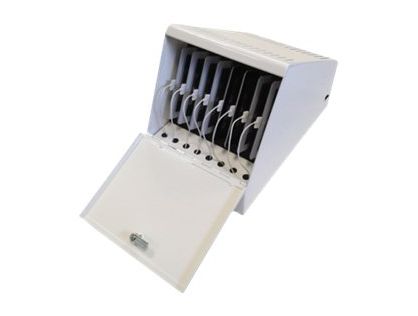 iPad and Tablet PC desktop lockable storage with charging for up to 8 devices.