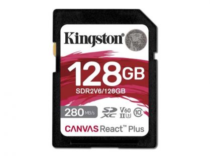 Kingston Canvas React Plus - Flash memory card - 128 GB - Video Class V60 / UHS-II U3 / Class10 - SDXC UHS-II