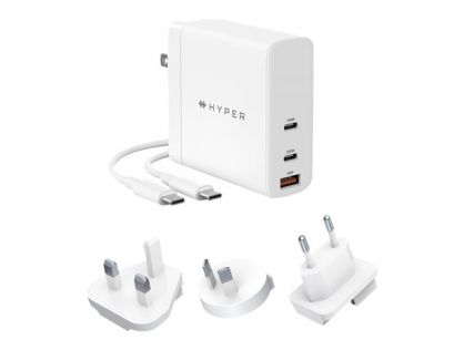 HyperJuice - Power adapter - GaN technology - 140 Watt - QC 3.0, Power Delivery 3.1 - 3 output connectors (USB, 2 x USB-C) - white