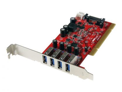 StarTech.com 4 Port PCI SuperSpeed USB 3.0 Adapter Card with SATA/SP4 Power - Quad Port PCI USB 3 Controller Card (PCIUSB3S4) - USB adapter - PCI-X low profile - USB 3.0 x 4 - red - for P/N: HBS304A24A, S3510BMU33, S3510SMU33, UNI251BMU33, USB221SS
