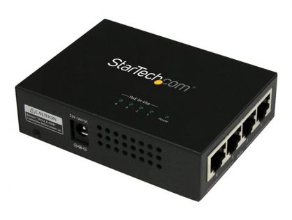 StarTech.com 4 Port Gigabit Midspan - PoE+ Injector - 802.3at and 802.3af - Wall-mountable Power over Ethernet Midspan (POEINJ4G) - PoE injector - AC 100-240 V - 120 Watt - output connectors: 4 - black - for P/N: POEEXT1GAT, POEEXT2GAT, ST12MHDLANU
