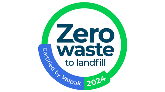 A logo with the words Zero waste to landfill - Cerified by Valpak 2024