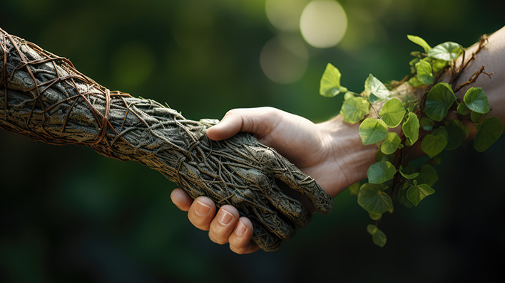 Hand shake between humans and nature