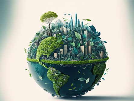 The earth with a city surrounded by nature to showcase sustainability